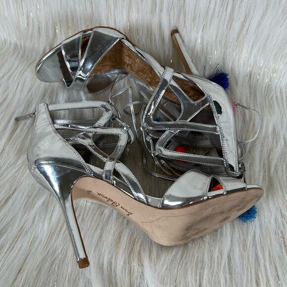 Sam Edelman Azela Silver Tassel Pom Heels Open Toe Strappy Heels Size 8.5 - Picture 3 of 8